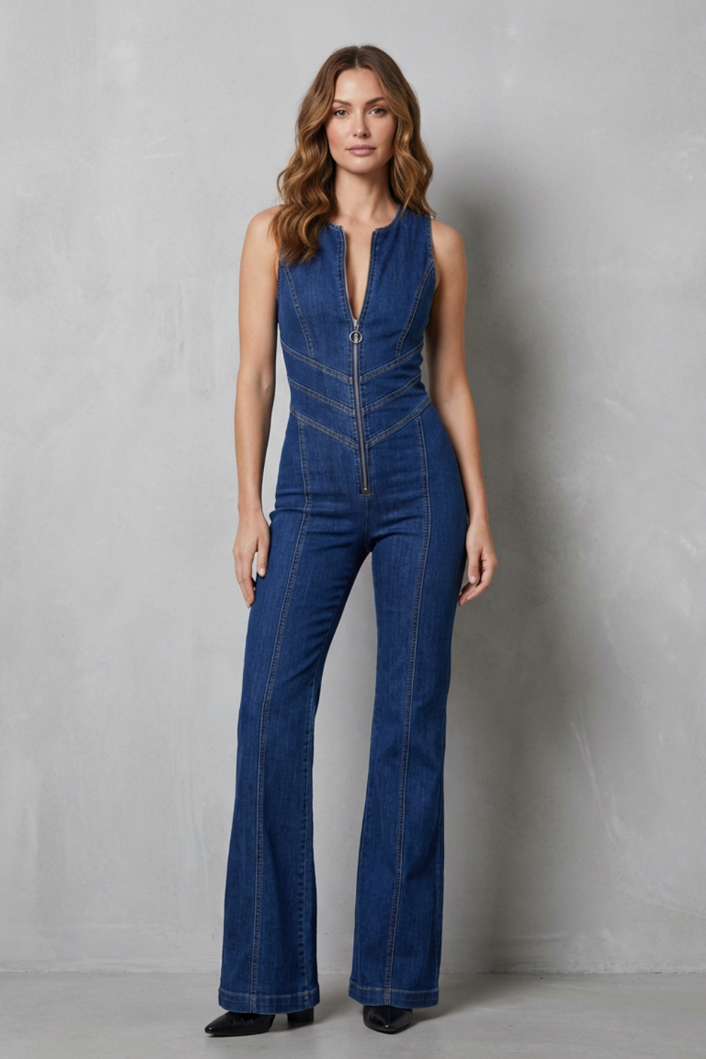 Women's Zip Front Denim Jumpsuit with Flared Leg - Kalienne