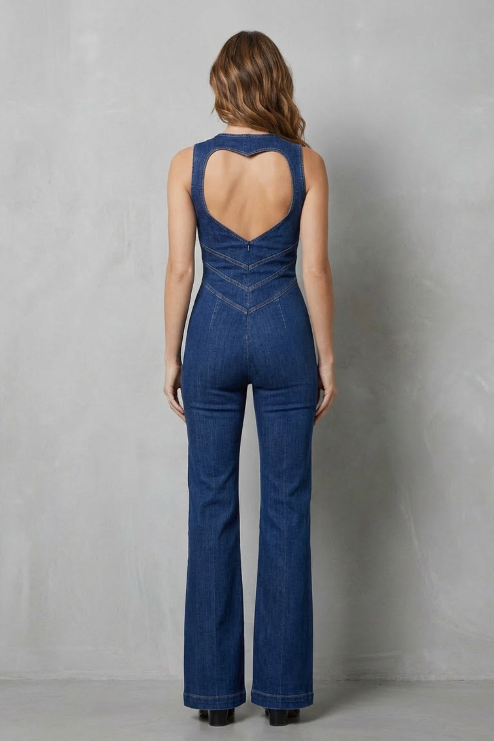 Women's Zip Front Denim Jumpsuit with Flared Leg - Kalienne