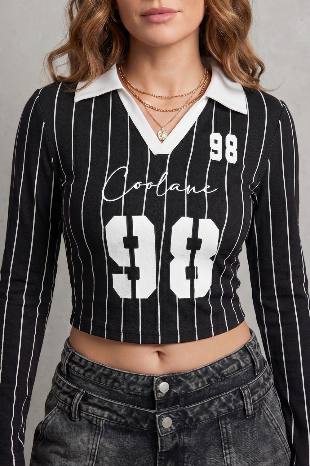 Women's Cropped Long Sleeve Striped Collared Top - Ursanne