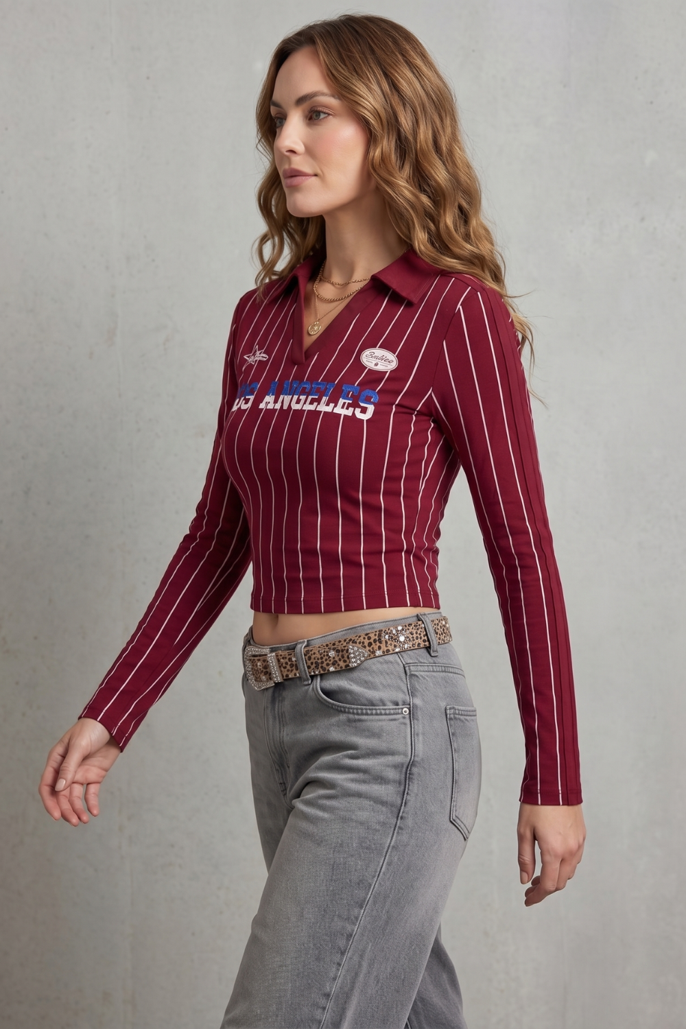 Women's Cropped Long Sleeve Striped Collared Top - Ursanne