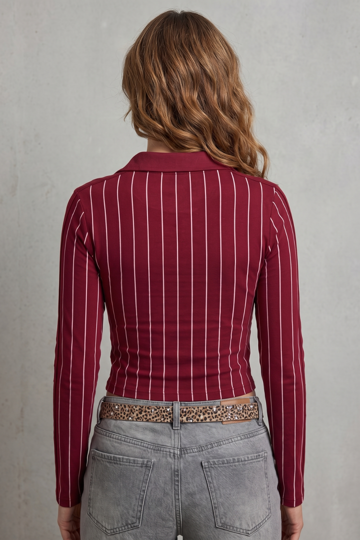 Women's Cropped Long Sleeve Striped Collared Top - Ursanne