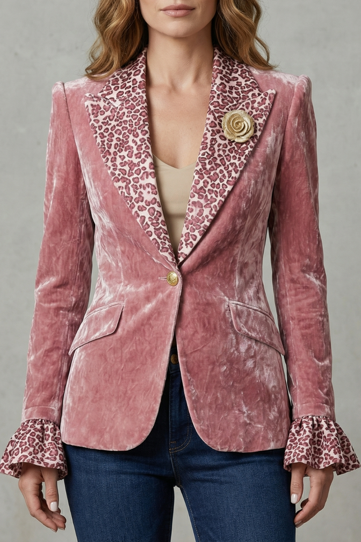 Women's Velvet Blazer with Printed Contrast Lapels - Violanne