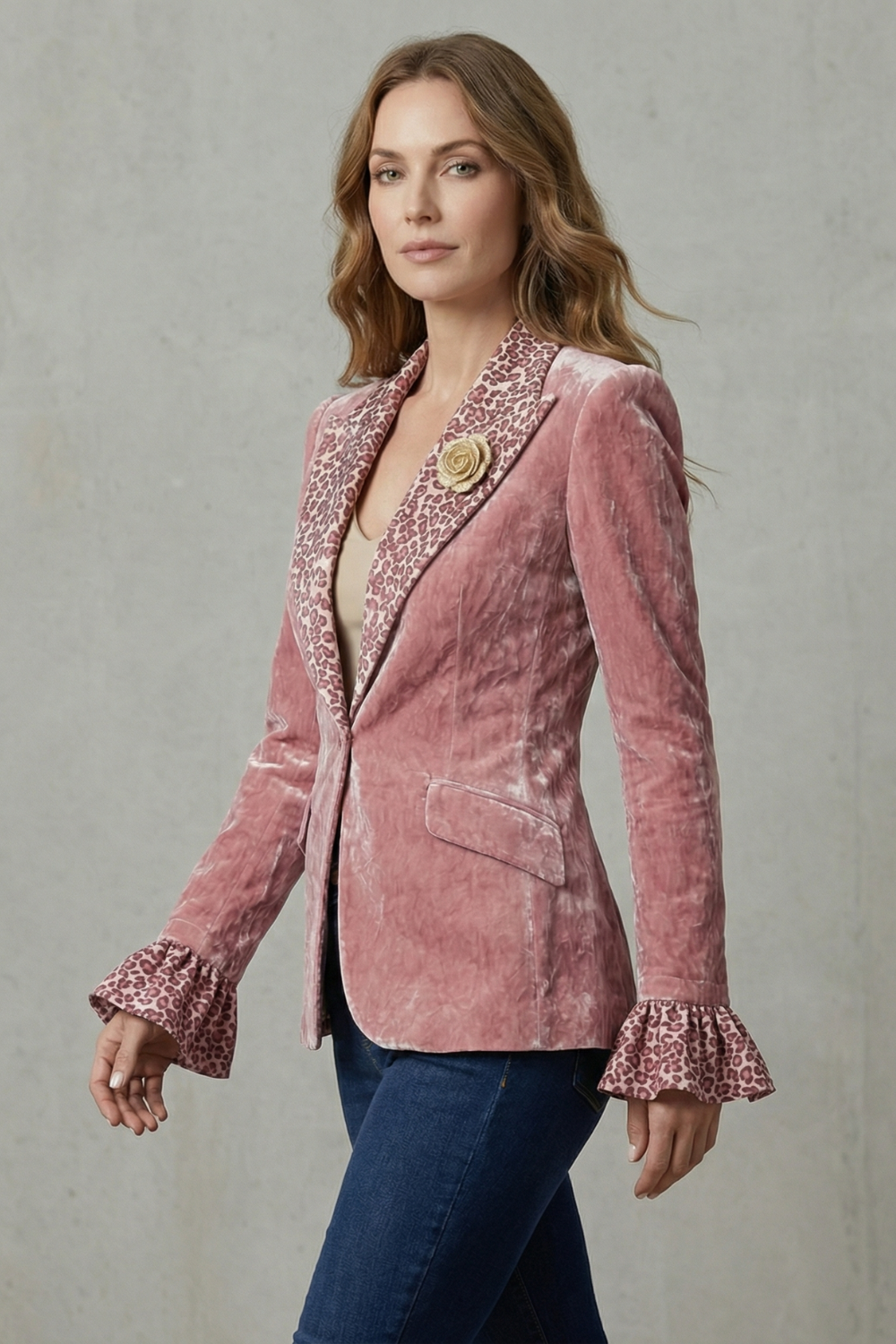Women's Velvet Blazer with Printed Contrast Lapels - Violanne