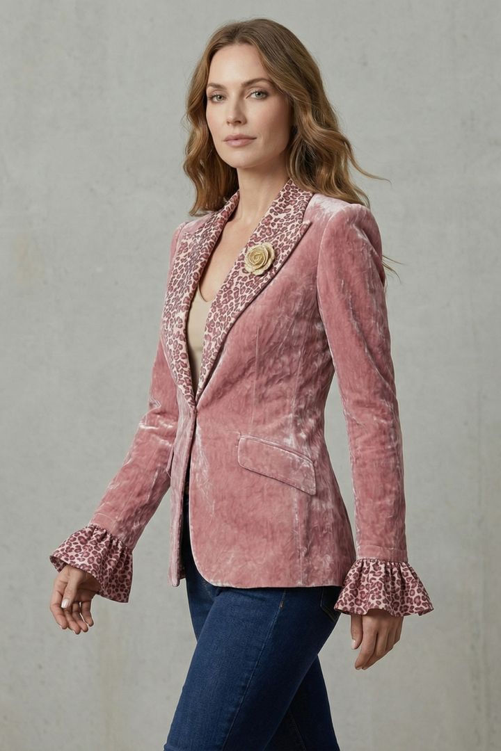 Women's Velvet Blazer with Printed Contrast Lapels - Violanne