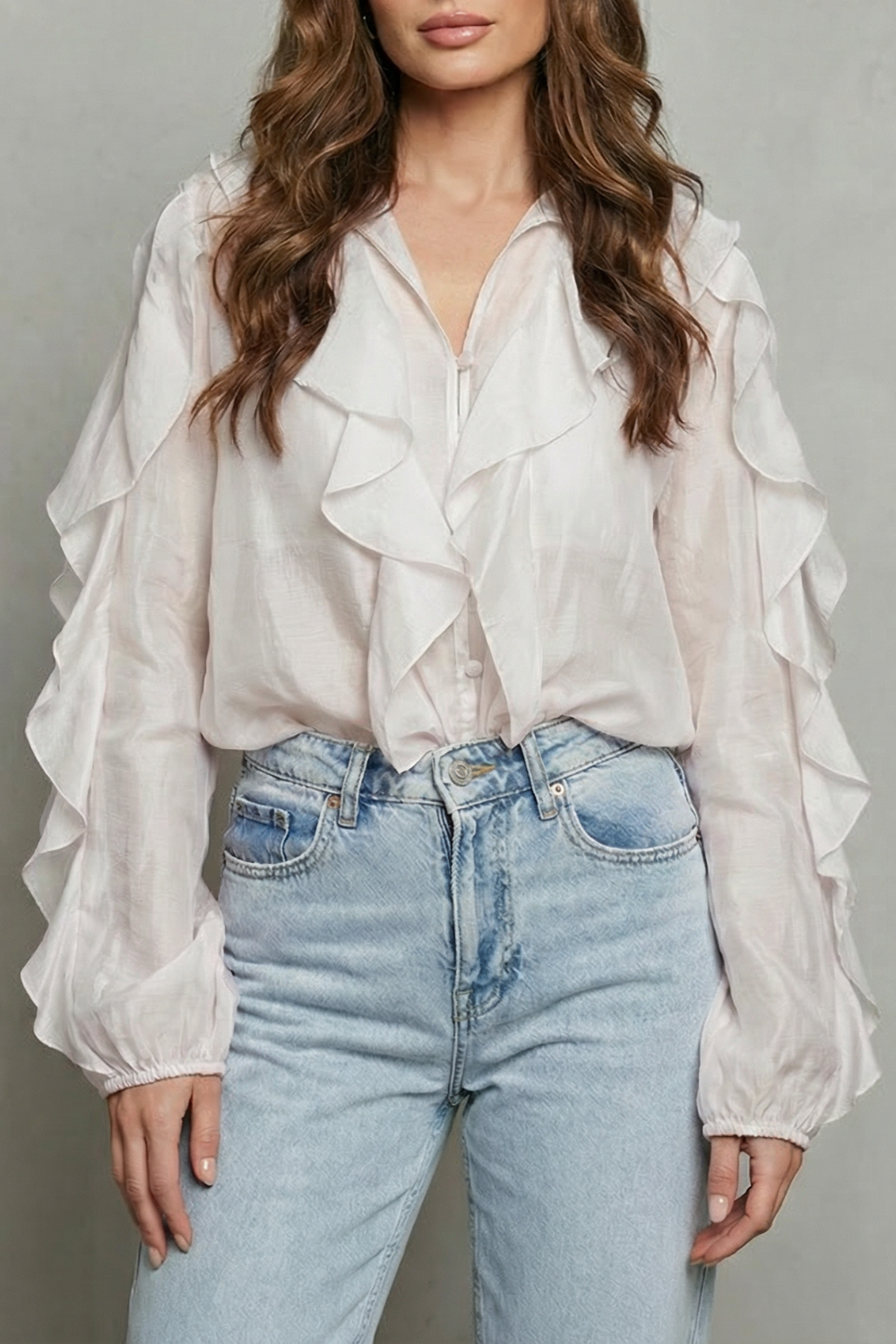 Women's Ruffled Button-Up Blouse with Statement Sleeves - Thalienne