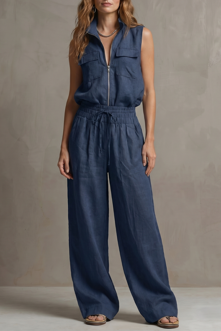 Women's Zip-Front Sleeveless Top and Trouser Co-ord Set - Hyacinelle