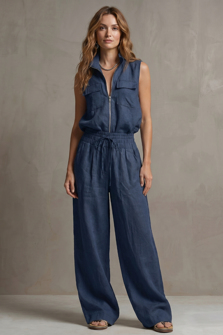 Women's Zip-Front Sleeveless Top and Trouser Co-ord Set - Hyacinelle