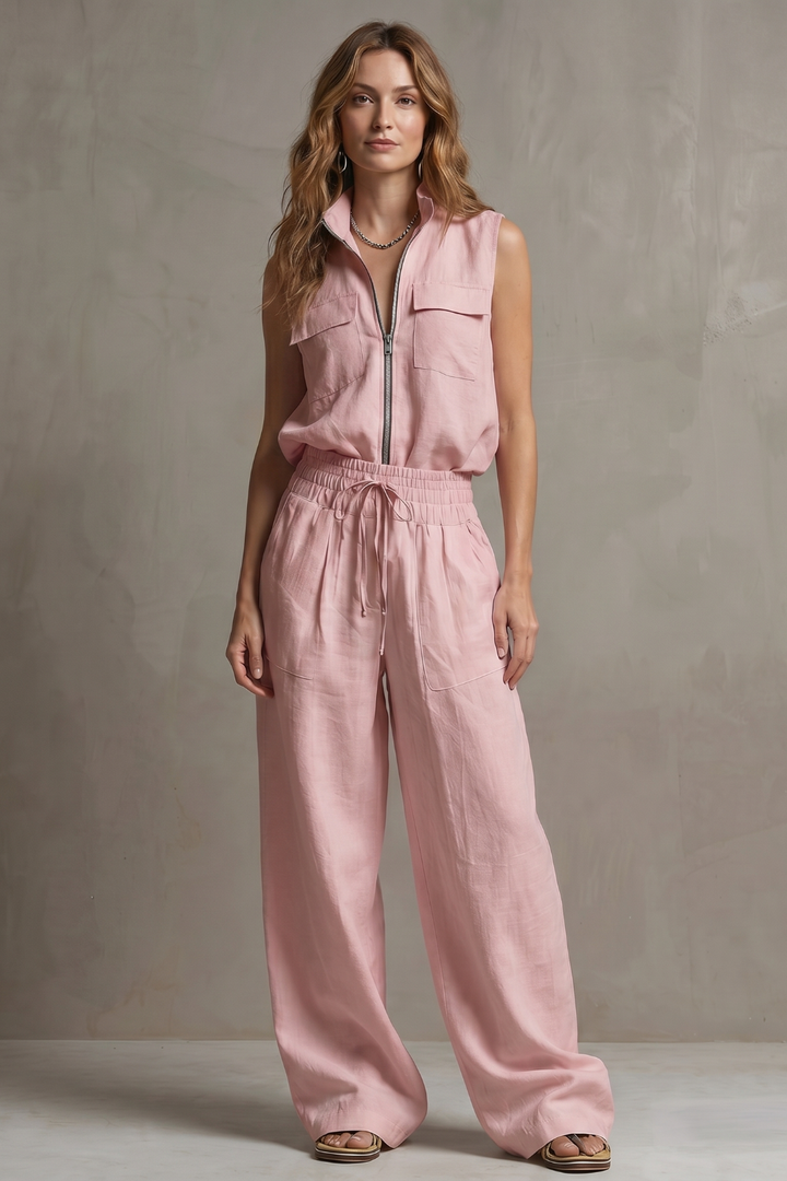 Women's Zip-Front Sleeveless Top and Trouser Co-ord Set - Hyacinelle