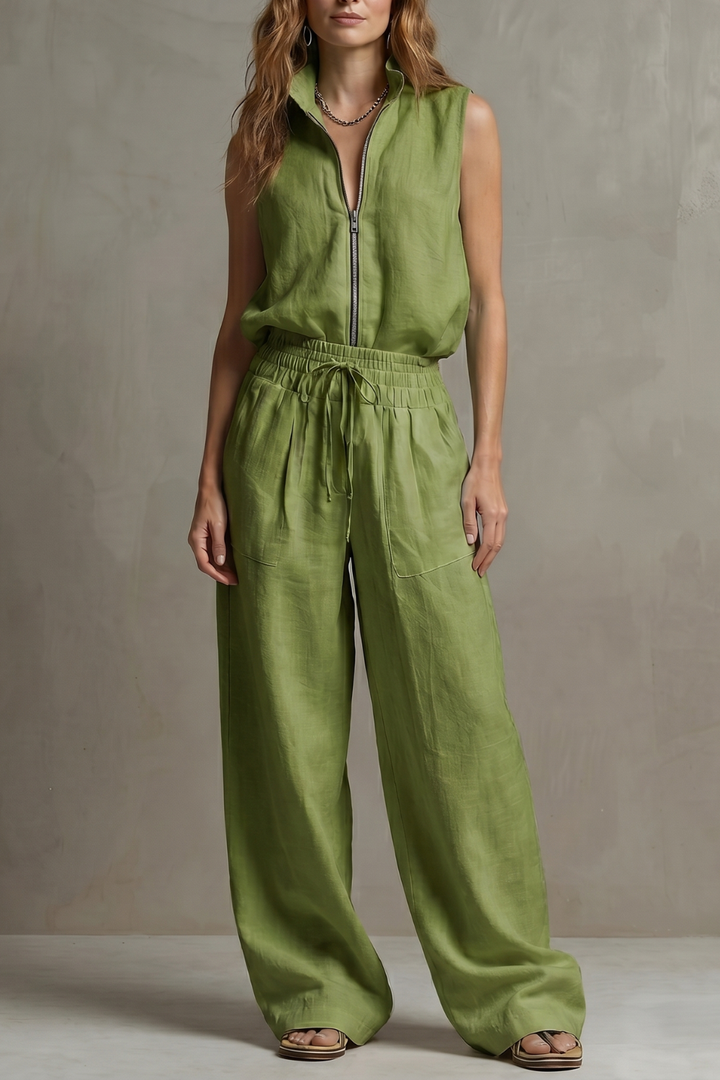 Women's Zip-Front Sleeveless Top and Trouser Co-ord Set - Hyacinelle