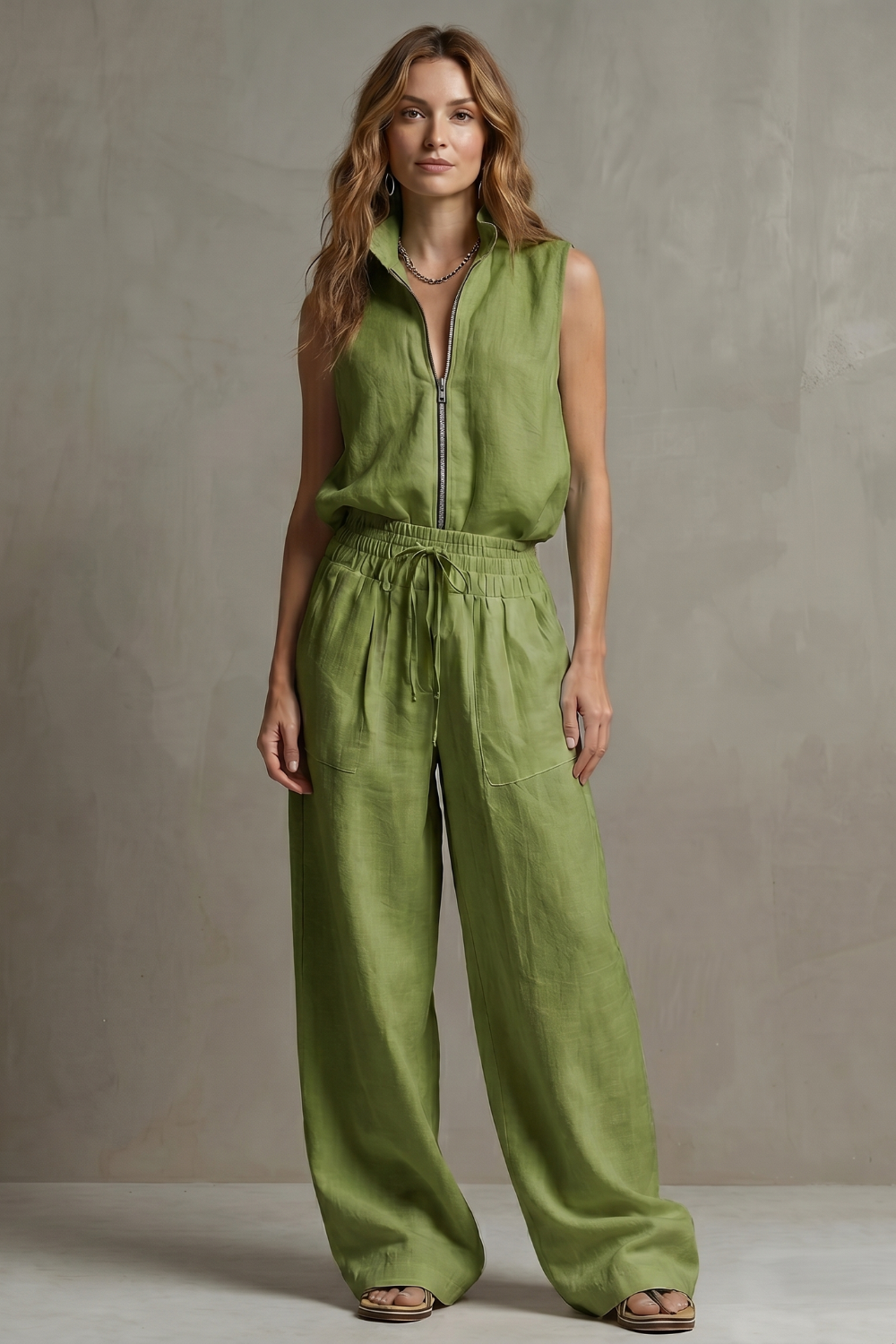 Women's Zip-Front Sleeveless Top and Trouser Co-ord Set - Hyacinelle