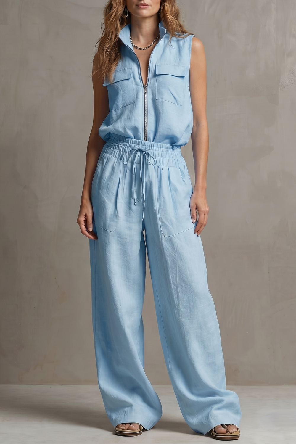 Women's Zip-Front Sleeveless Top and Trouser Co-ord Set - Hyacinelle