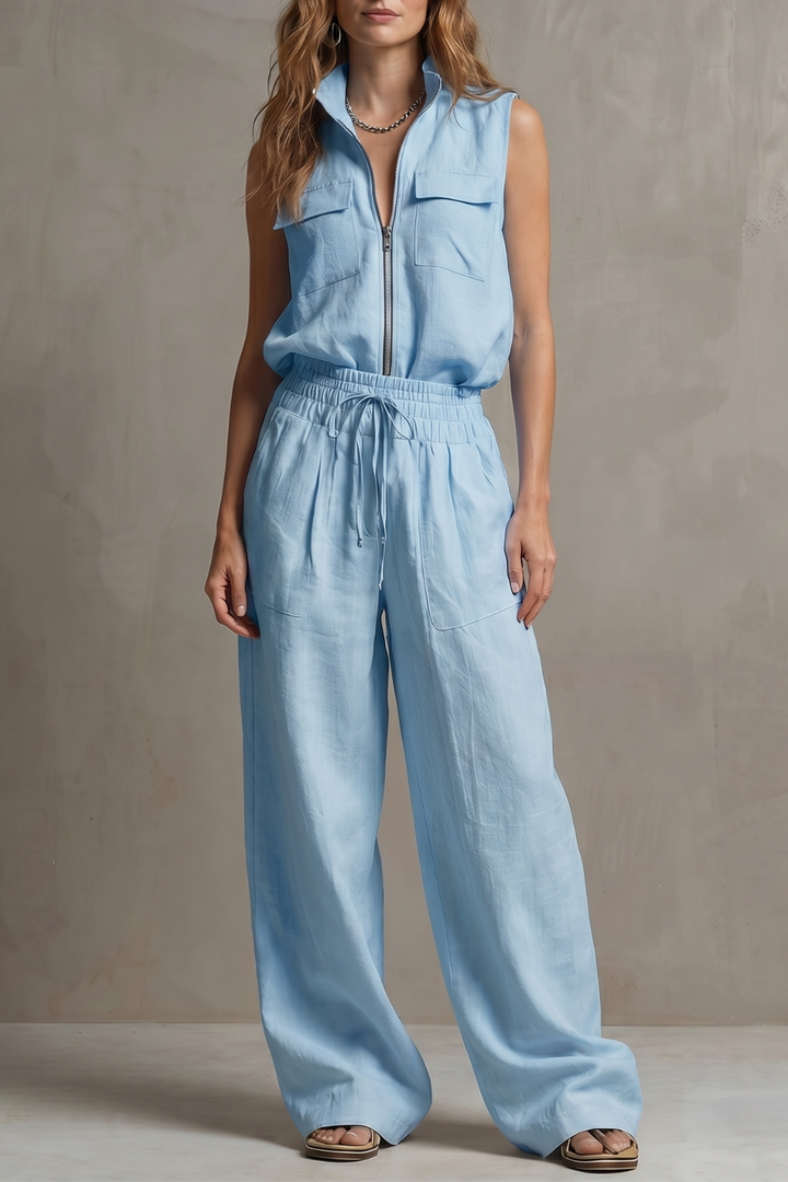 Women's Zip-Front Sleeveless Top and Trouser Co-ord Set - Hyacinelle
