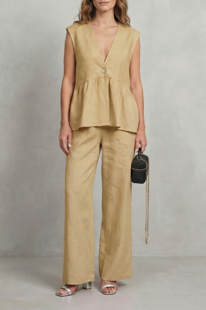 Women's Ruffle Hem Top and Straight Leg Trouser Set - Anjelise
