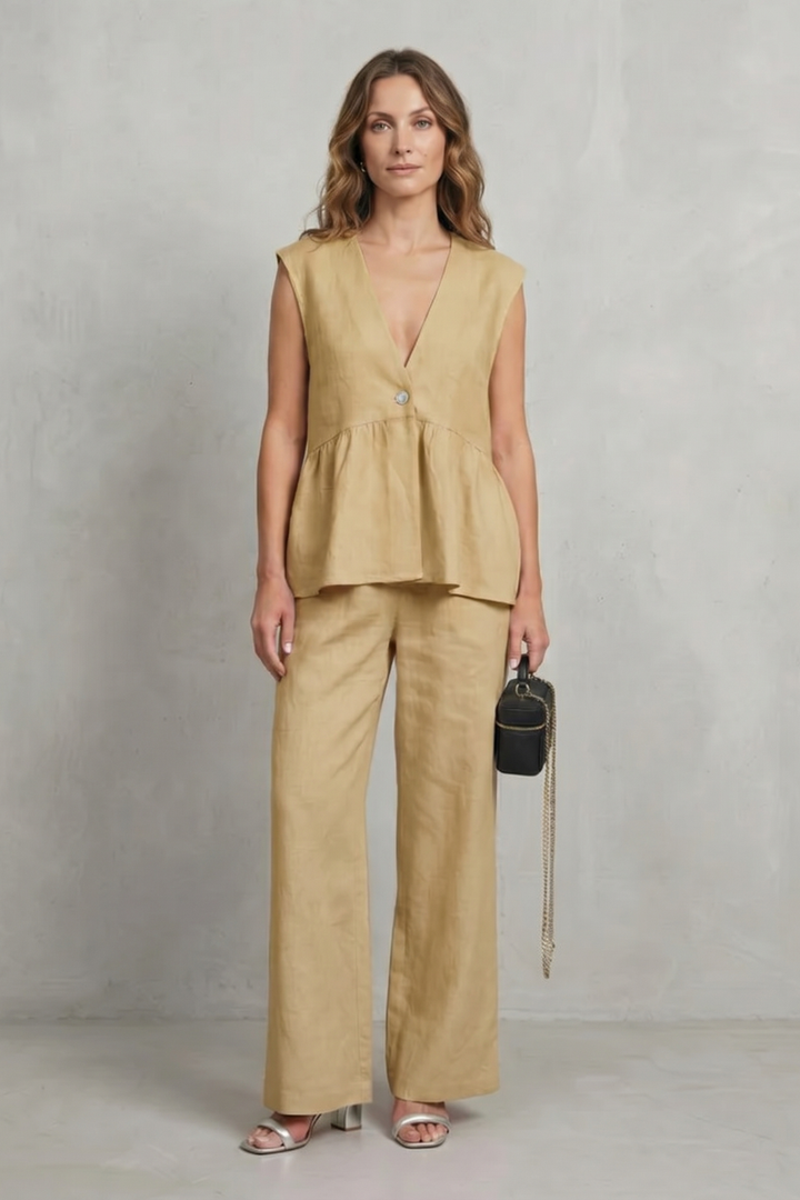 Women's Ruffle Hem Top and Straight Leg Trouser Set - Anjelise