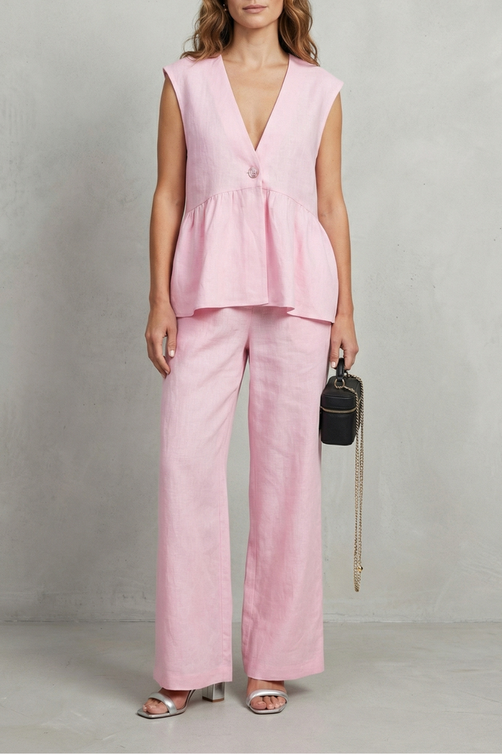 Women's Ruffle Hem Top and Straight Leg Trouser Set - Anjelise