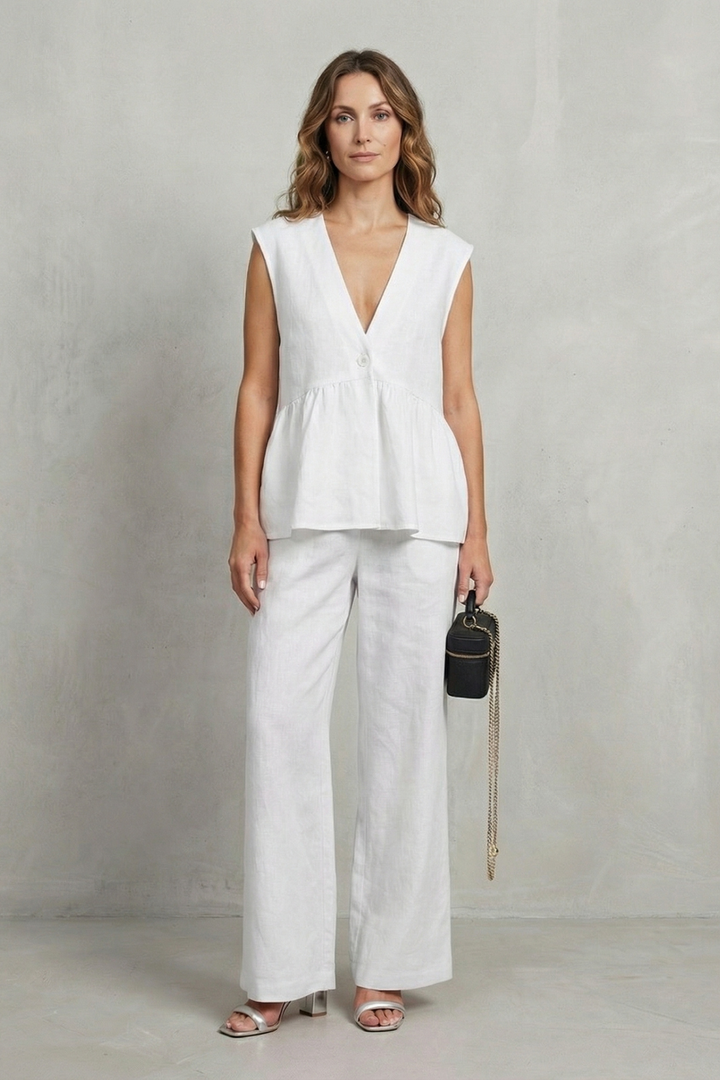 Women's Ruffle Hem Top and Straight Leg Trouser Set - Anjelise