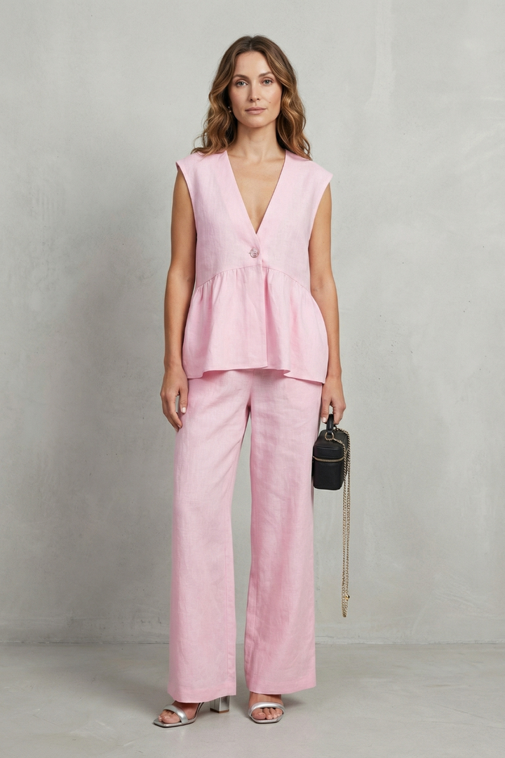Women's Ruffle Hem Top and Straight Leg Trouser Set - Anjelise