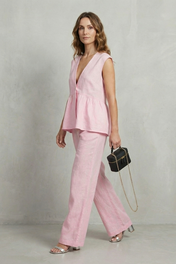 Women's Ruffle Hem Top and Straight Leg Trouser Set - Anjelise