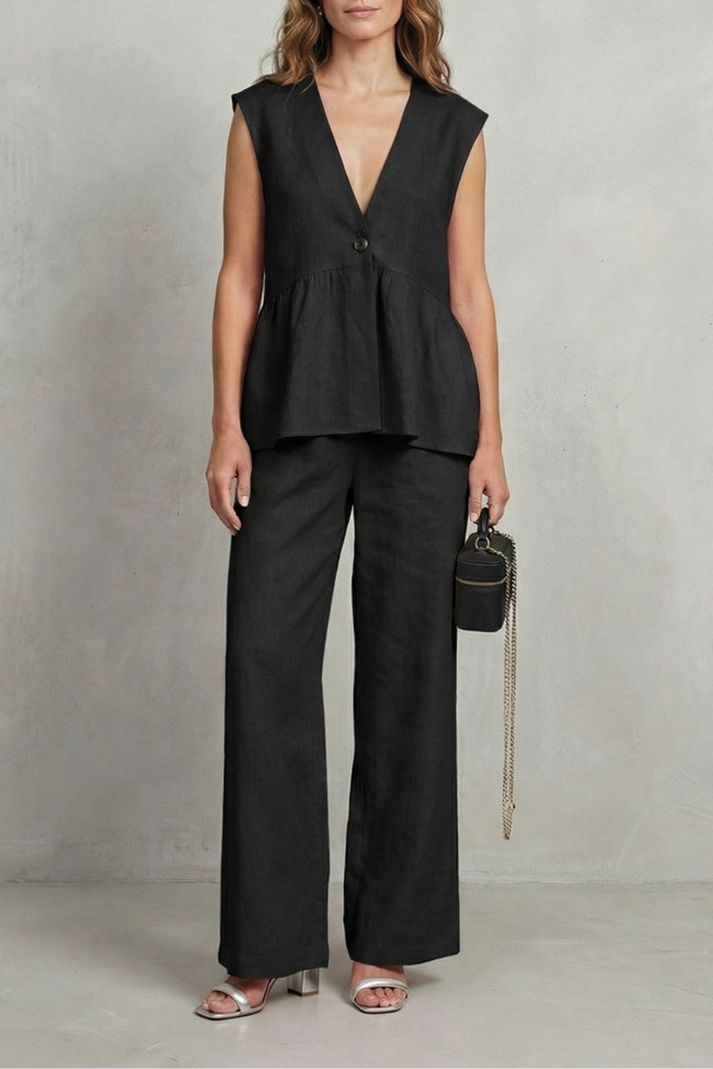 Women's Ruffle Hem Top and Straight Leg Trouser Set - Anjelise