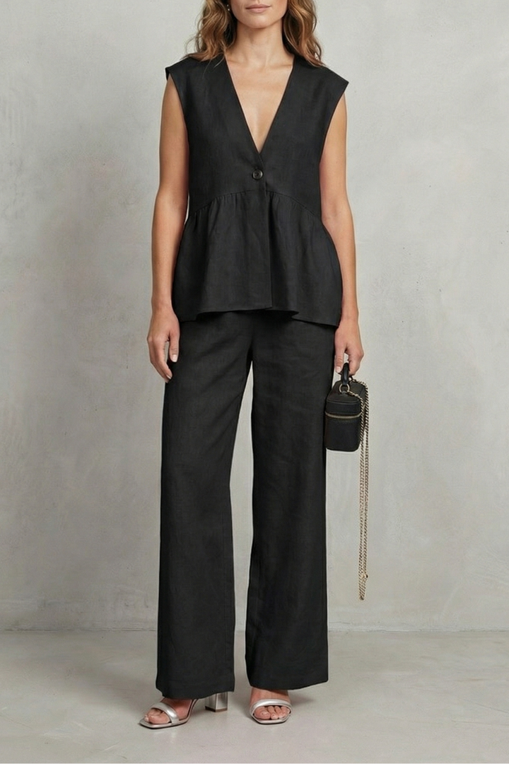 Women's Ruffle Hem Top and Straight Leg Trouser Set - Anjelise