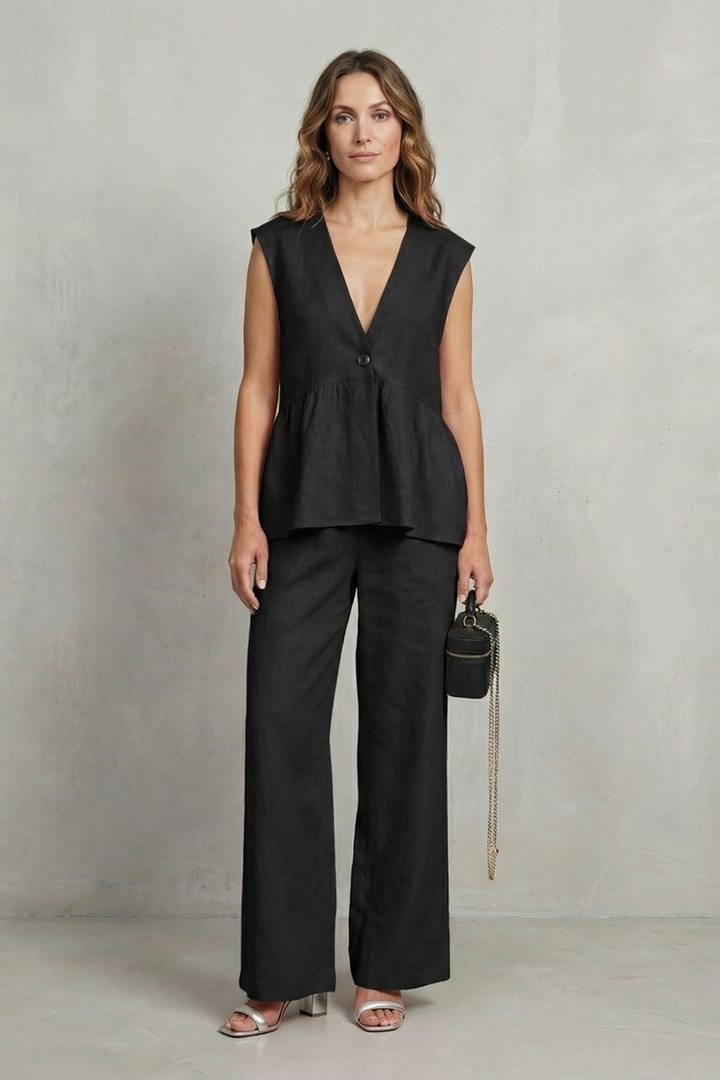 Women's Ruffle Hem Top and Straight Leg Trouser Set - Anjelise
