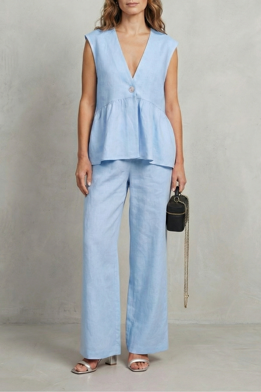 Women's Ruffle Hem Top and Straight Leg Trouser Set - Anjelise