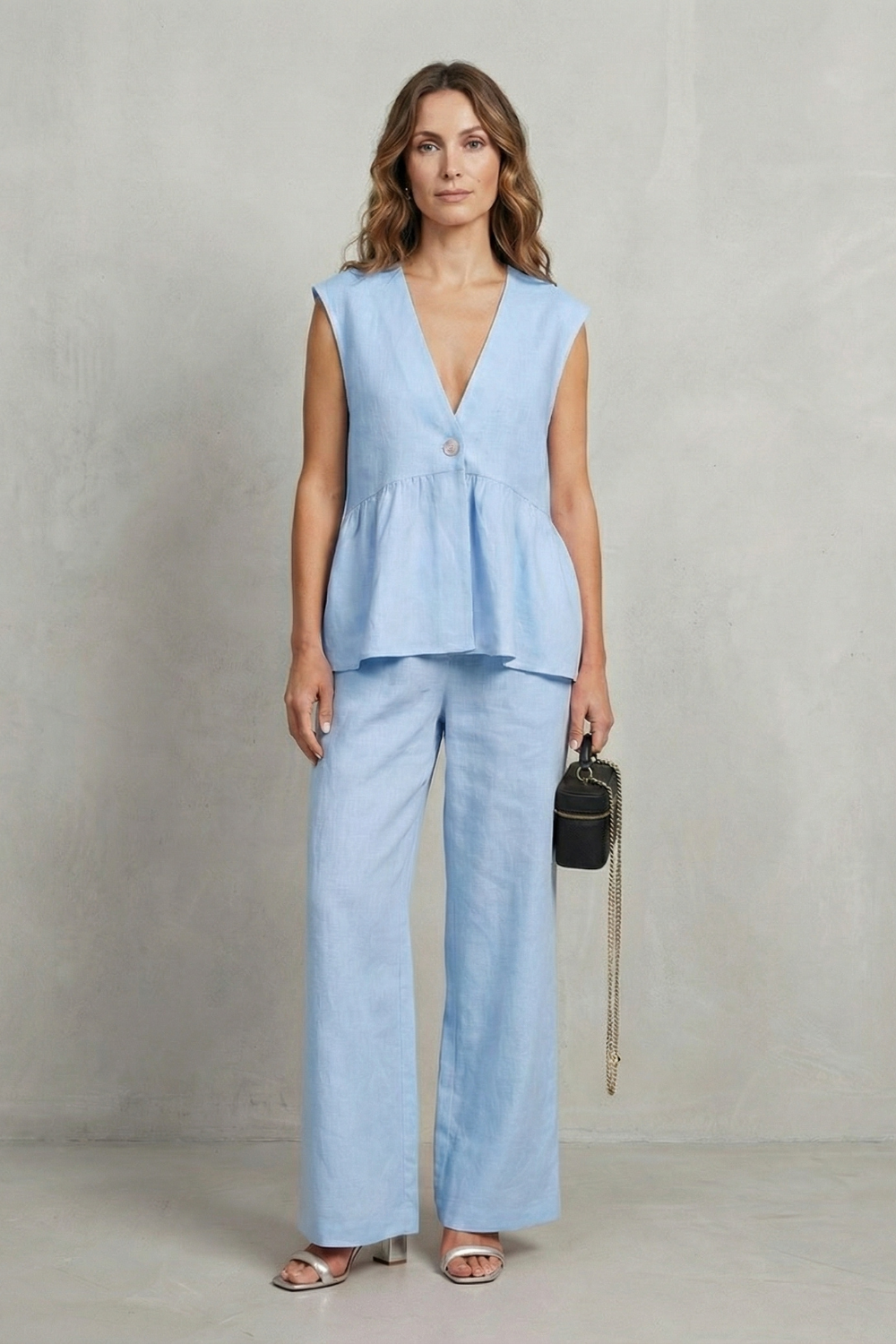 Women's Ruffle Hem Top and Straight Leg Trouser Set - Anjelise