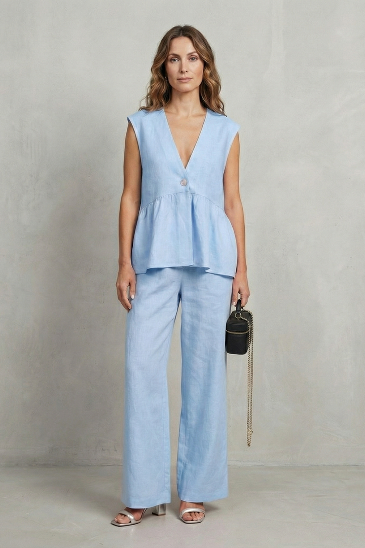 Women's Ruffle Hem Top and Straight Leg Trouser Set - Anjelise