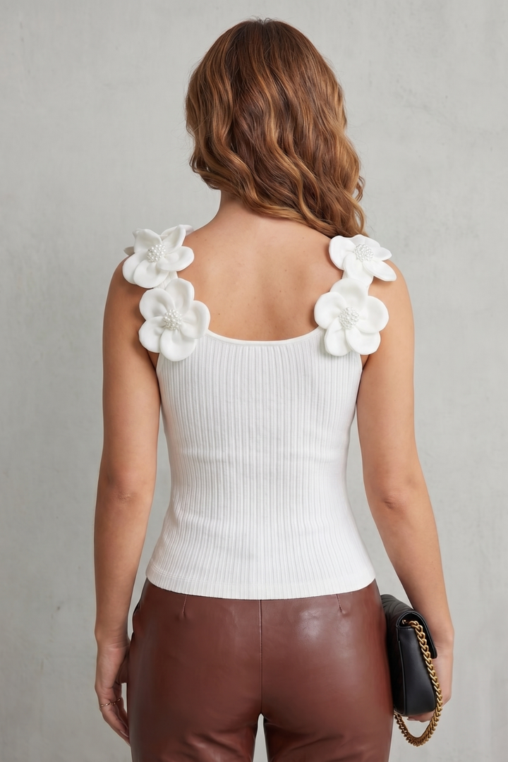 Women's Sleeveless Ribbed Knit Top with Floral Straps - Sablienne