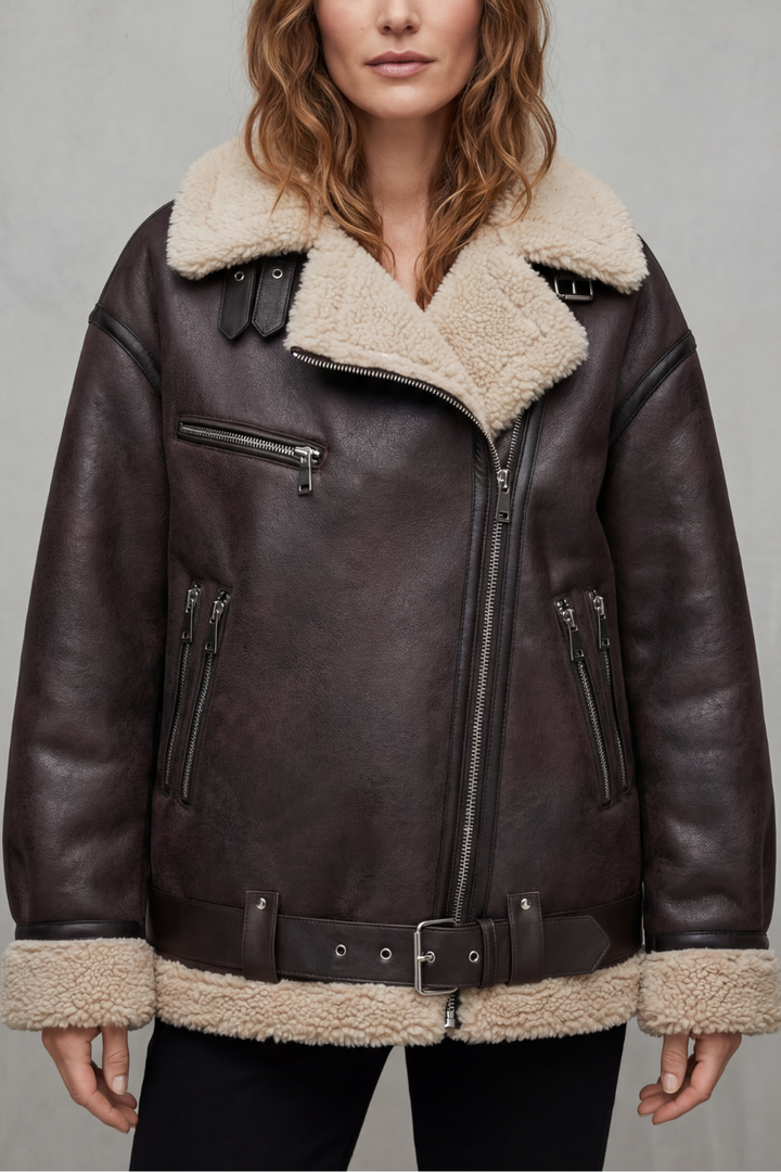 Women's Aviator Coat with Belted Shearling Trim – Aveline