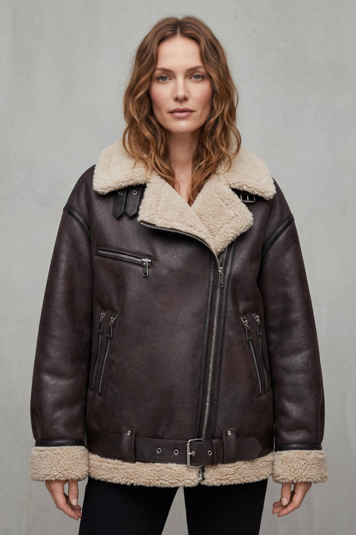 Women's Aviator Coat with Belted Shearling Trim – Aveline