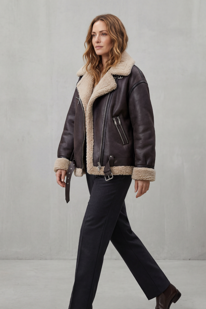 Women's Aviator Coat with Belted Shearling Trim – Aveline