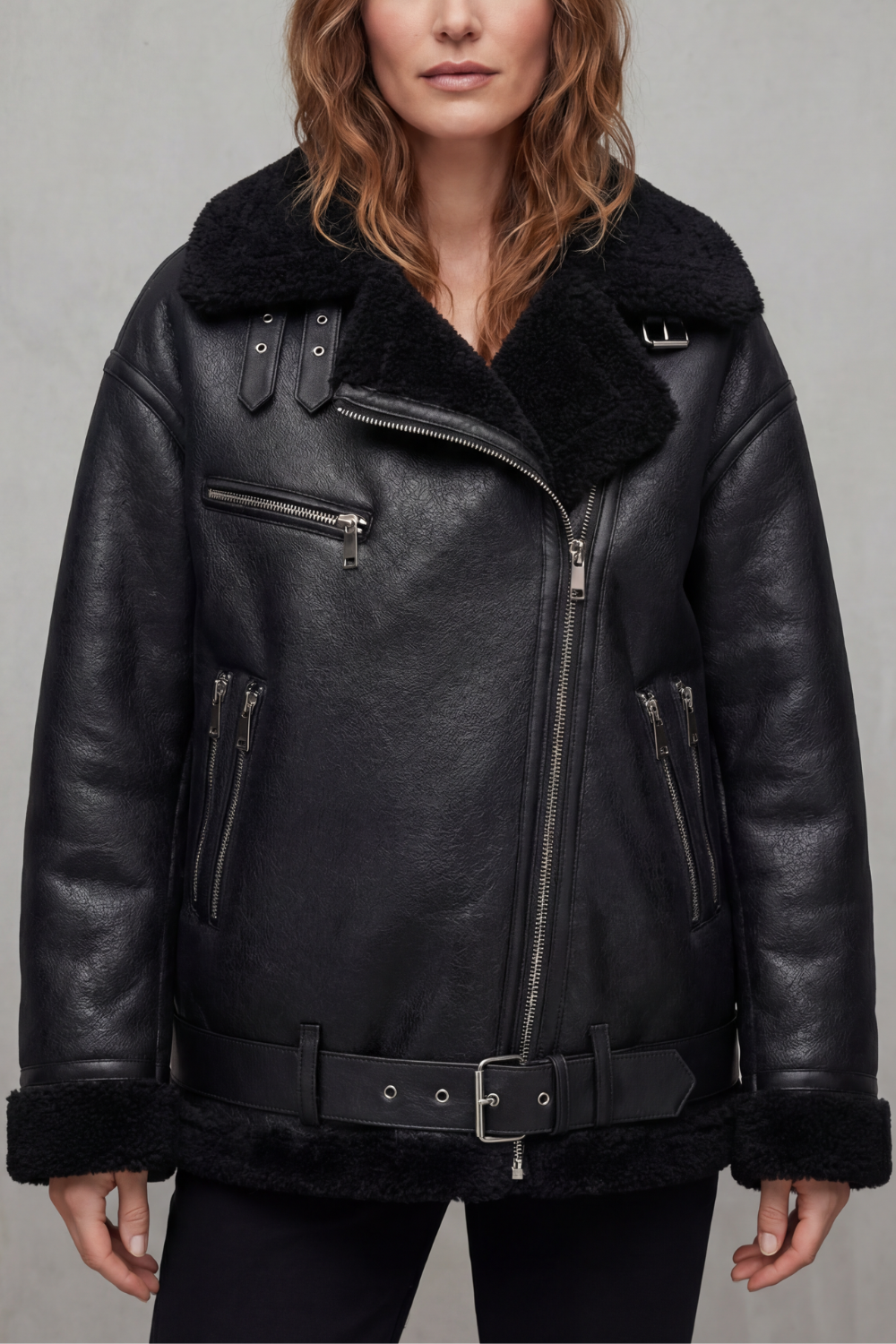 Women's Aviator Coat with Belted Shearling Trim – Aveline