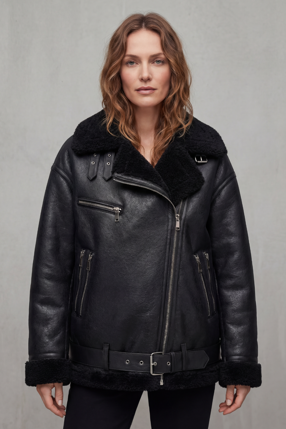 Women's Aviator Coat with Belted Shearling Trim – Aveline