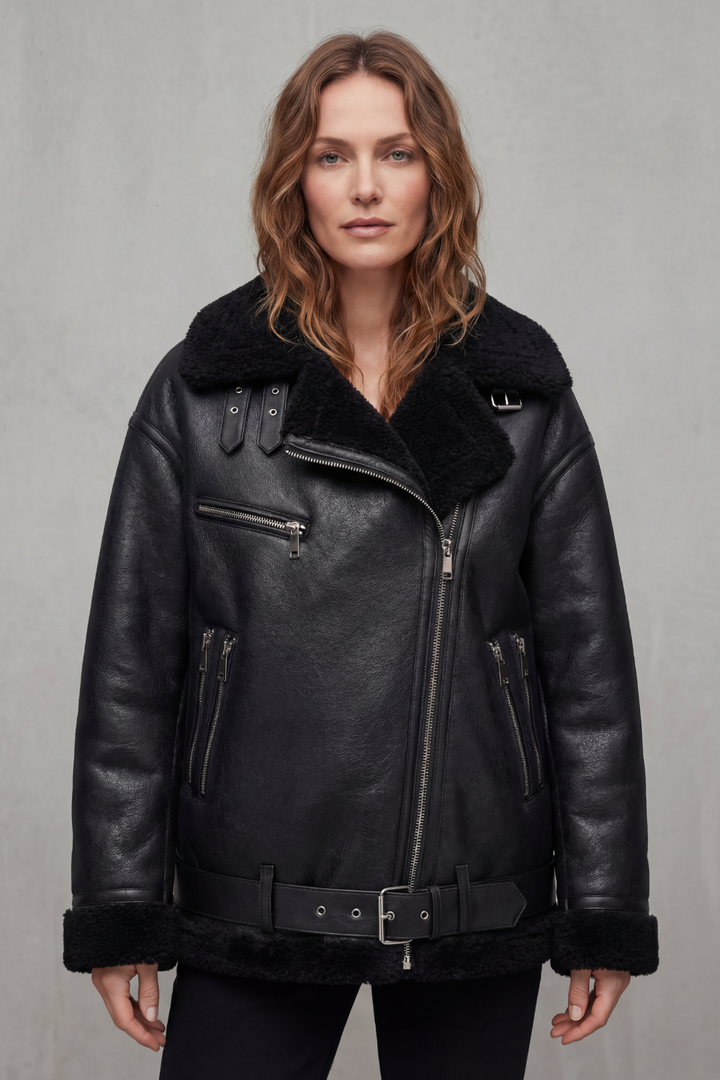 Women's Aviator Coat with Belted Shearling Trim – Aveline