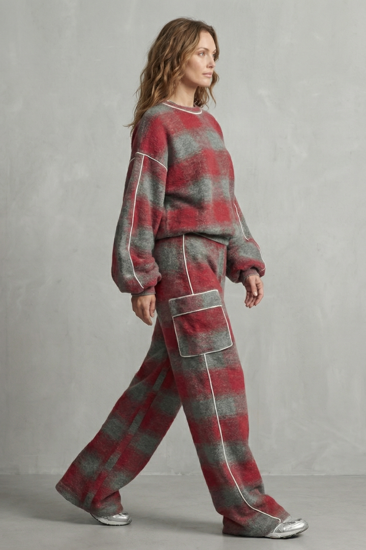 Women's Plaid Sweatshirt and Wide-Leg Trouser Co-ord Set - Gloriane