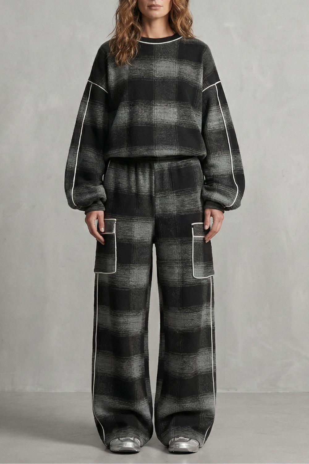 Women's Plaid Sweatshirt and Wide-Leg Trouser Co-ord Set - Gloriane