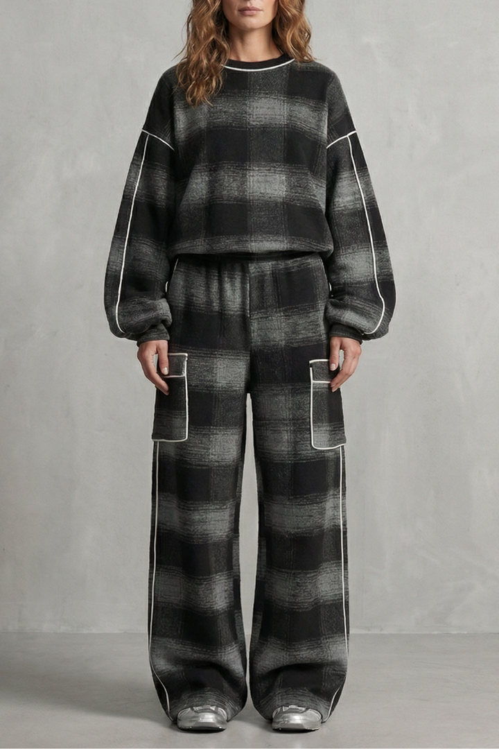 Women's Plaid Sweatshirt and Wide-Leg Trouser Co-ord Set - Gloriane