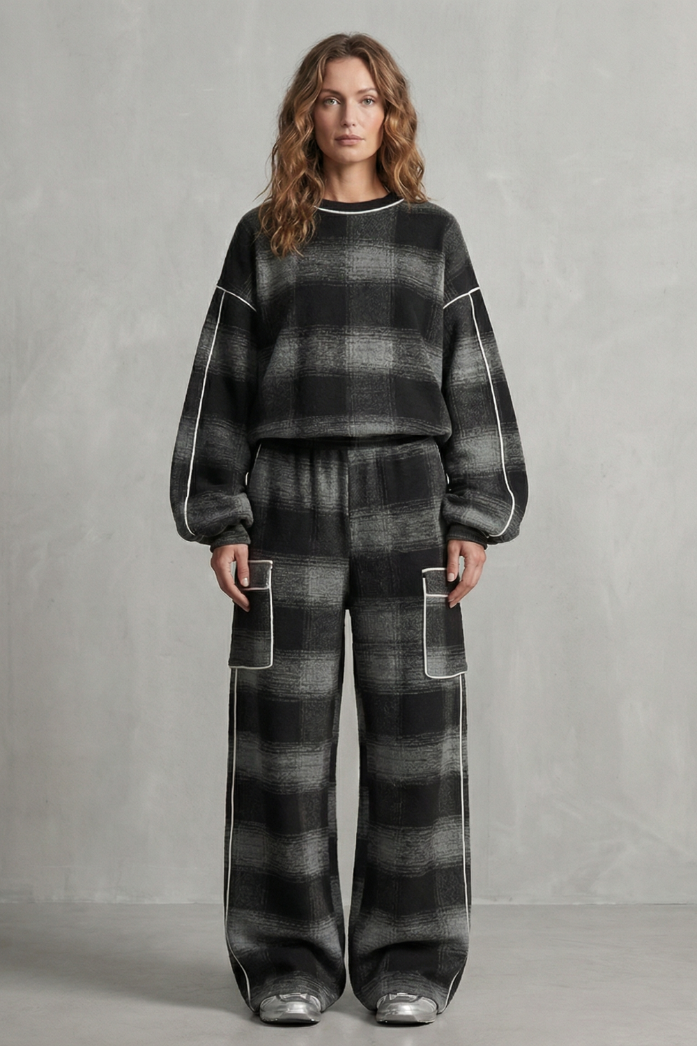 Women's Plaid Sweatshirt and Wide-Leg Trouser Co-ord Set - Gloriane