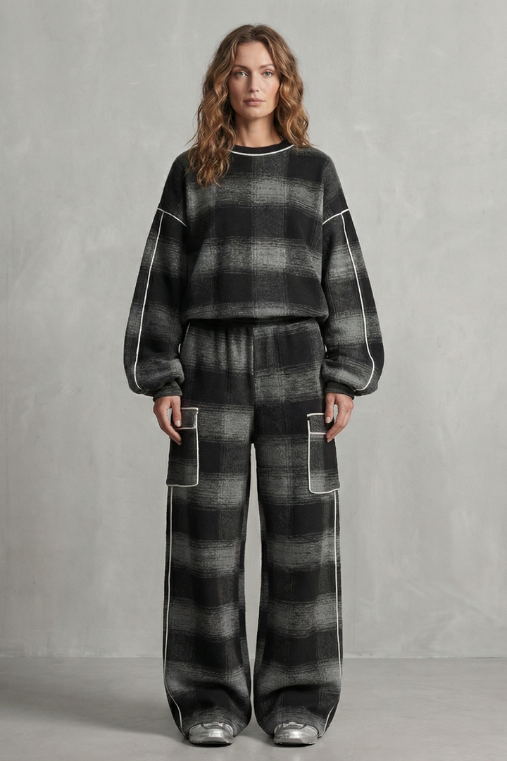 Women's Plaid Sweatshirt and Wide-Leg Trouser Co-ord Set - Gloriane