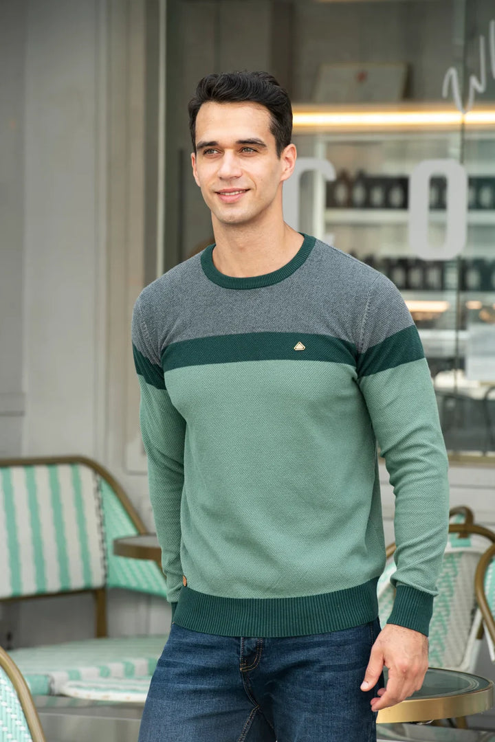 Men's colour block crew neck jumper in green – Aelric – worn by model