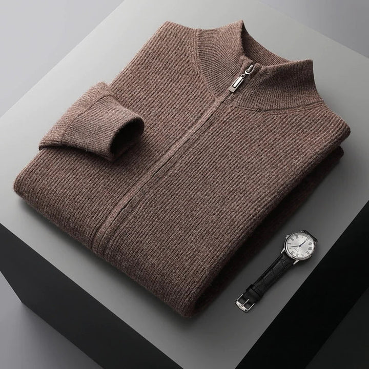 Men's brown ribbed knit zip through cardigan – folded