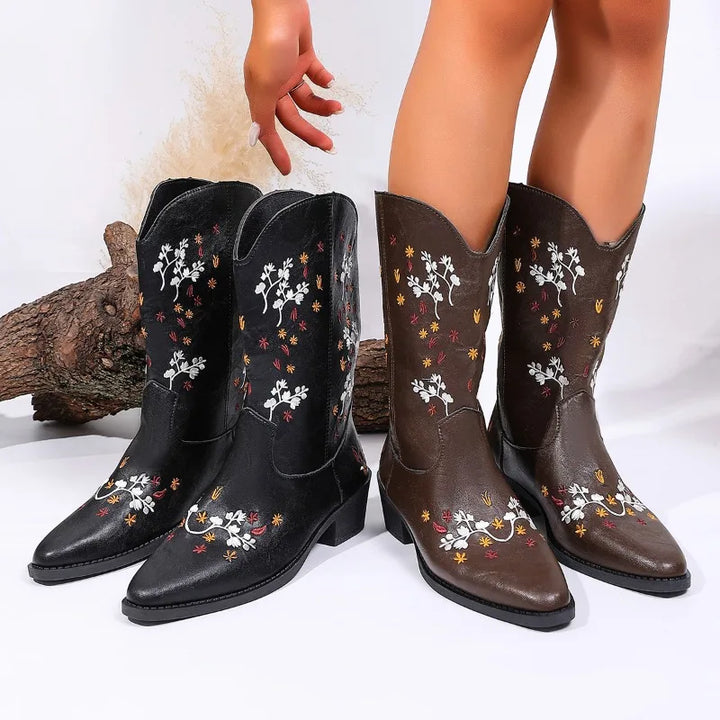 Women's Embroidered Pointed Mid-Calf Boots – Henrietta