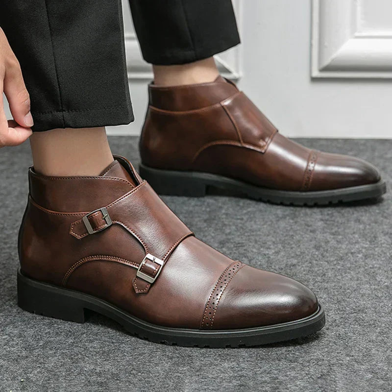 Men's double monk strap boots Alain in Dark Brown – worn with tailored trousers