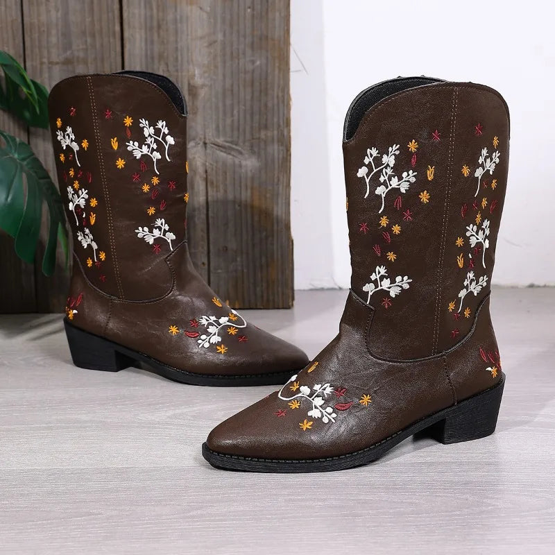 Women's Embroidered Pointed Mid-Calf Boots – Henrietta