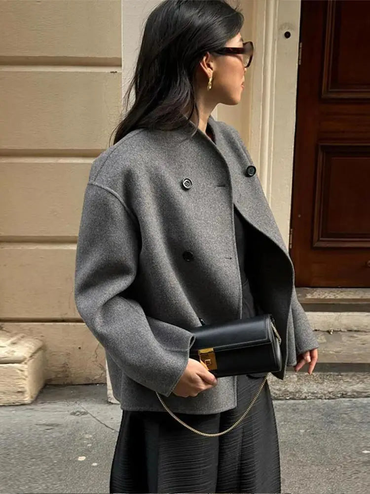 Women's short coat Yolande in Grey – side view with bag