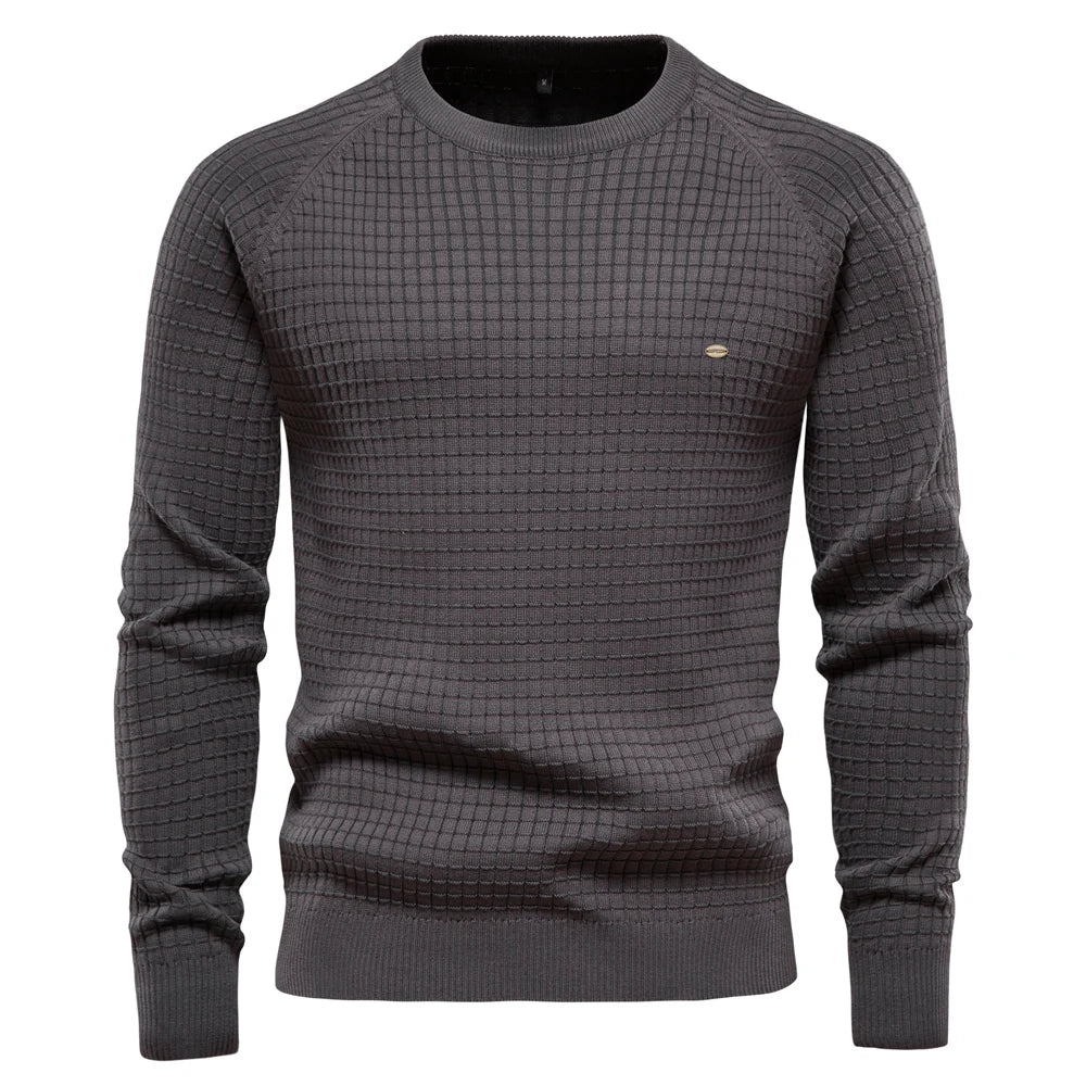 Men's grid waffle knit crew neck jumper in dark grey – Selwyn – front view