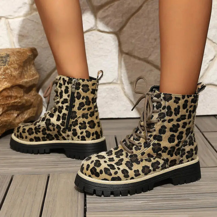 Women's Leopard Suede-Look Lace-Up Ankle Boots – Evangeline