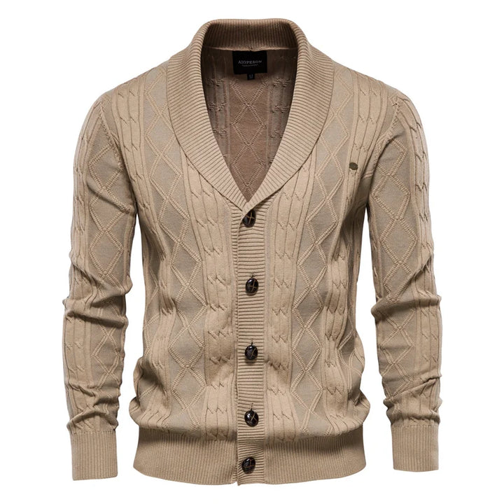 Men's shawl collar knit cardigan Ivor in Khaki – front view