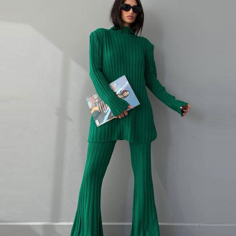 Women's Ribbed Turtleneck Jumper Flared Trousers Set